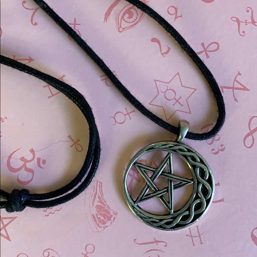 Wiccan Pentacle Crescent Moon Necklace -Black Cord